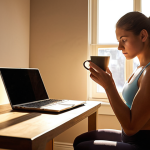 **Prompt 1: Serene Morning Ritual & Strategic Planning**
    A personal trainer, female, in her quiet home during the early morning hours, before the city awakens. She is seated comfortably with a warm cup of coffee, deeply focused on a laptop or tablet, reviewing client schedules and mentally preparing for the day. Sunlight gently streams through a window, casting a calm, warm glow. The scene should convey a sense of peaceful contemplation and strategic organization, with fitness notes or articles subtly visible nearby, emphasizing her diligent preparation.