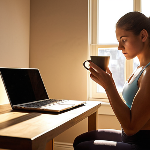**Prompt 1: Serene Morning Ritual & Strategic Planning**
    A personal trainer, female, in her quiet home during the early morning hours, before the city awakens. She is seated comfortably with a warm cup of coffee, deeply focused on a laptop or tablet, reviewing client schedules and mentally preparing for the day. Sunlight gently streams through a window, casting a calm, warm glow. The scene should convey a sense of peaceful contemplation and strategic organization, with fitness notes or articles subtly visible nearby, emphasizing her diligent preparation.