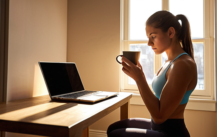 **Prompt 1: Serene Morning Ritual & Strategic Planning**
A personal trainer, female, in her quiet home during the early morning hours, before the city awakens. She is seated comfortably with a warm cup of coffee, deeply focused on a laptop or tablet, reviewing client schedules and mentally preparing for the day. Sunlight gently streams through a window, casting a calm, warm glow. The scene should convey a sense of peaceful contemplation and strategic organization, with fitness notes or articles subtly visible nearby, emphasizing her diligent preparation.